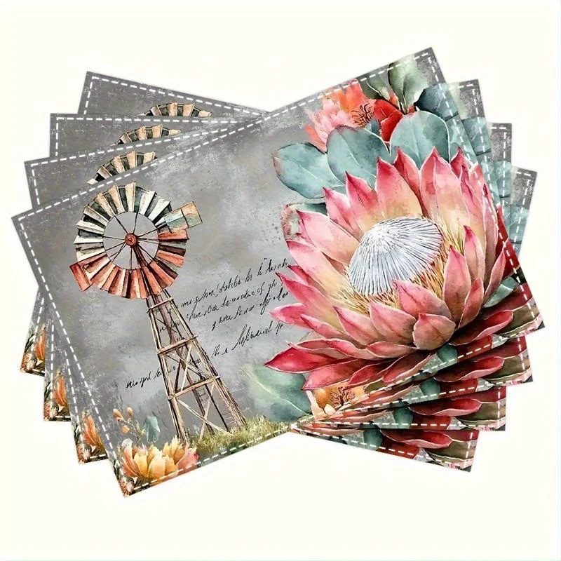 VintageStyle Windmill Protea Placemats Set Measuring  Features Single-Sided 2D Printed Fabric Mats Ideal for Dining And Home Use