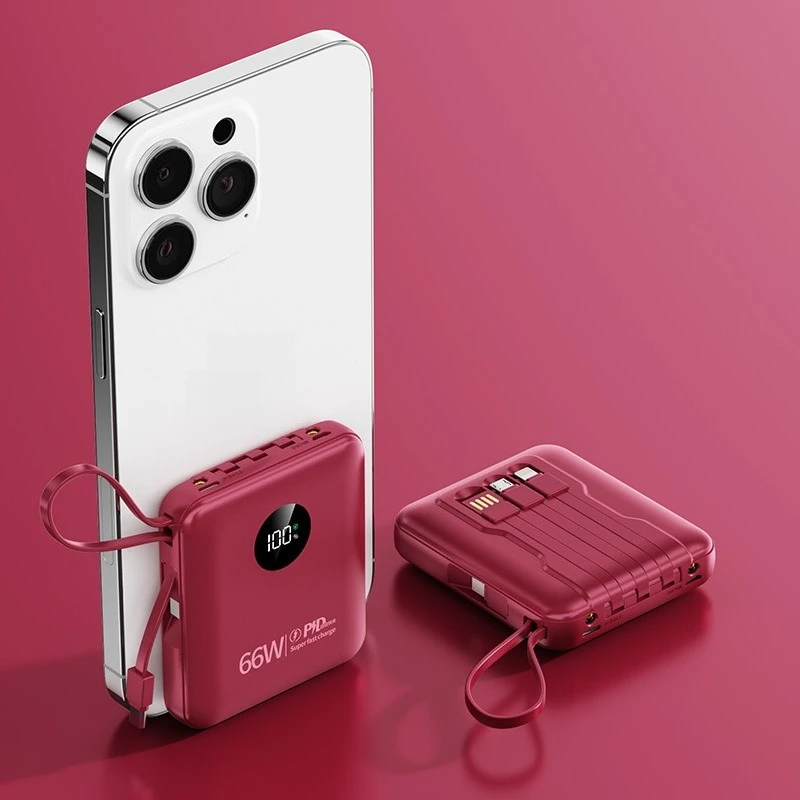 66W Super Fast Charge Mini Power Bank with Built-in Cable 20000mAh High Capacity Portable Charger