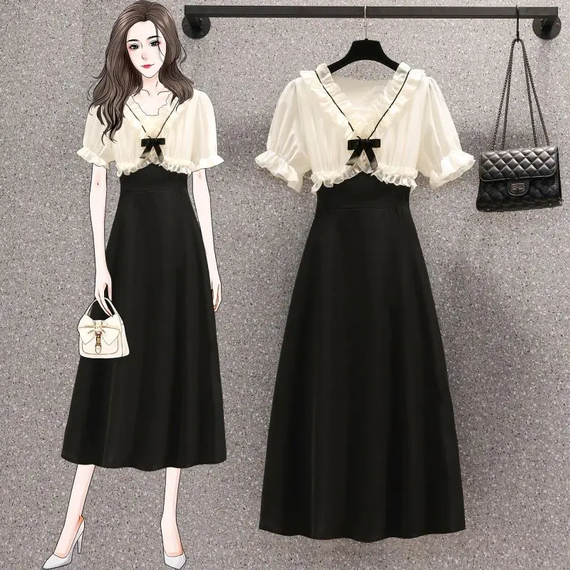 

Female Clothing French Style Dresses Stylish Ruffles Spliced Basic Summer A-Line Waist Patchwork Elegant V-Neck Bow Midi Dress