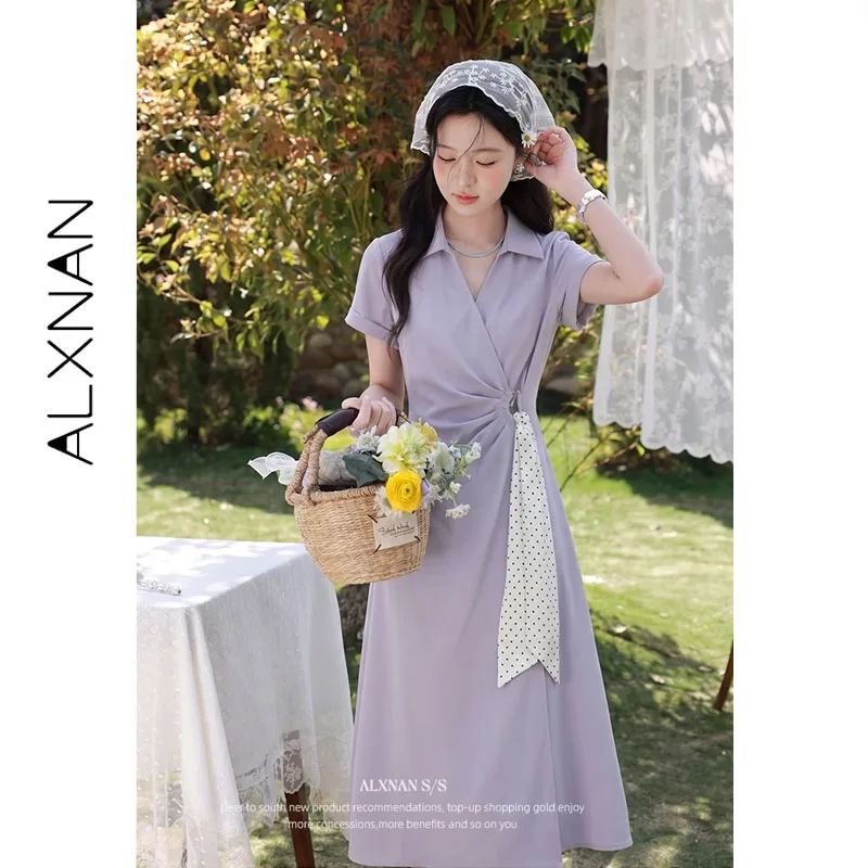 ALXNAN Women's Shirt Collar Dress Elegant Twist Ruched Waist Design Long Dress Office Casual Includes Polka Dot Scarf DYL661910