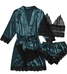 4pcs/set Satin Sleepwear Satin Pajamas Set Sleepwear Pajamas Lace Lingerie Sleepwear Nightwear Robe Suit Silk Bathrobe Sleepwear