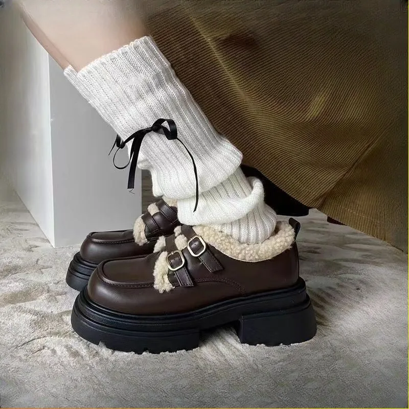 

Round-toed British-style Thick-soled Leather Shoes for Women, 2025 New Winter Thick-heeled Korean-style Versatile Fleece Shoes