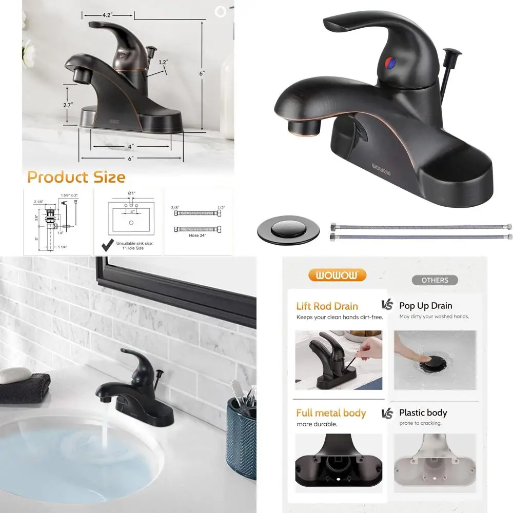 

4 Centerset Oil-Rubbed Bronze Single Handle Commercial Bathroom Sink Faucet with Lift Rod Drain