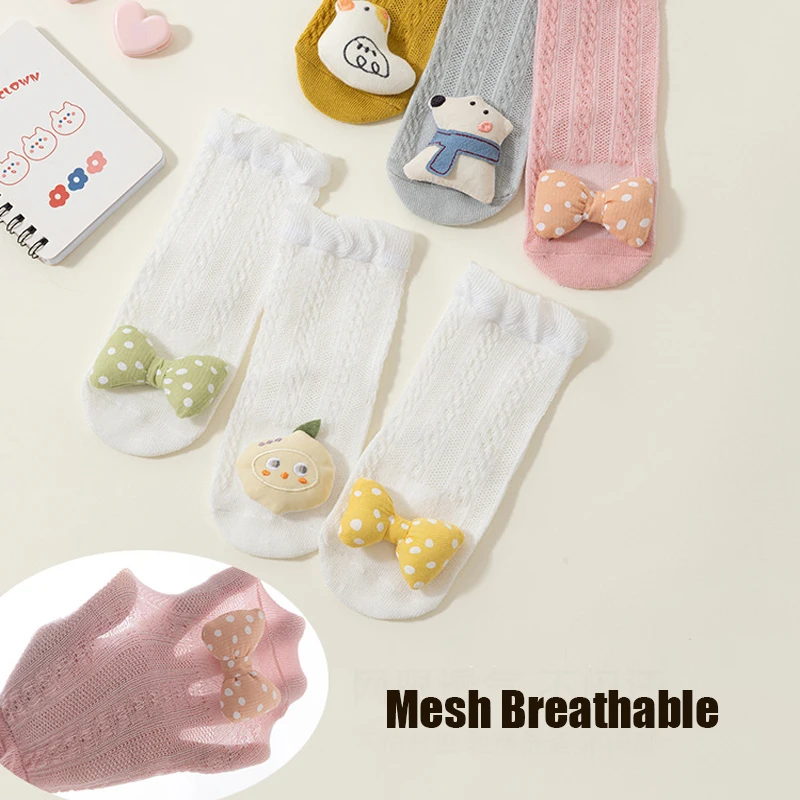 2 Pairs Newborn Baby Socks Cartoon Thin Summer Mesh Solid Crew Socks Soft Stretch Toddler Ankle Short Sock