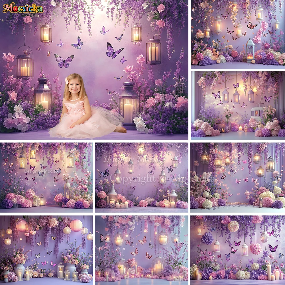 

Mocsicka Girl Birthday Photography Background 3D Purple Flower Wall Butterfly Candle Lantern Backdrop Baby Show Photo Studio