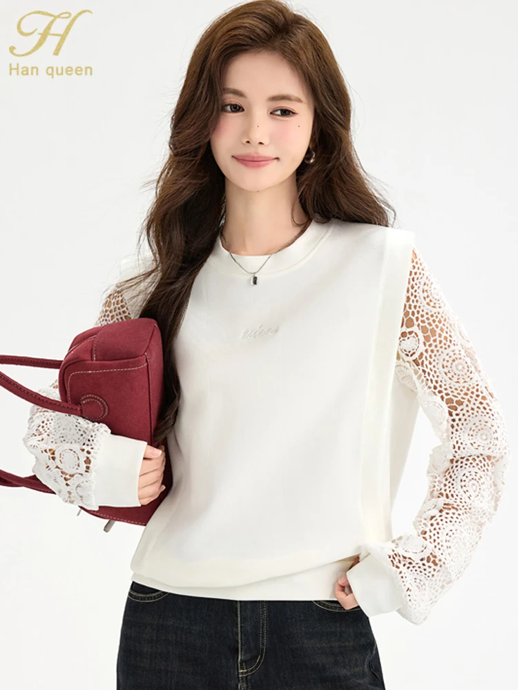

H Han Queen 2025, осенняя футболка Winner, женская одежда, модная шикарная элегантная винтажная футболка с открытыми крючками и цветком, топы с длинными рукавами