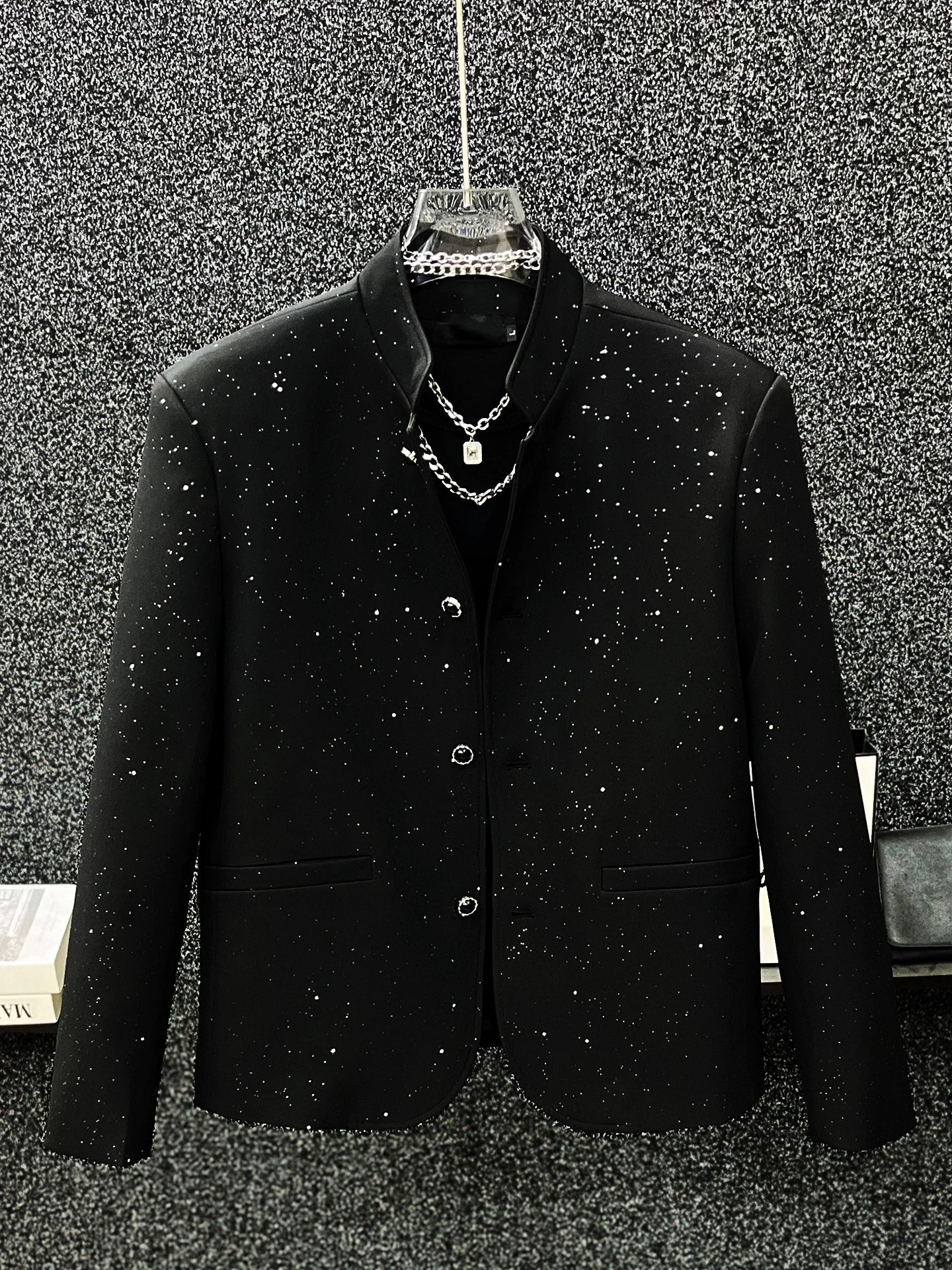 

Black Tianxing Pad Shoulder Men's Suit Jacket New Chinese Style Stand Collar Casual Western Clothes Breathable Polyester Fiber