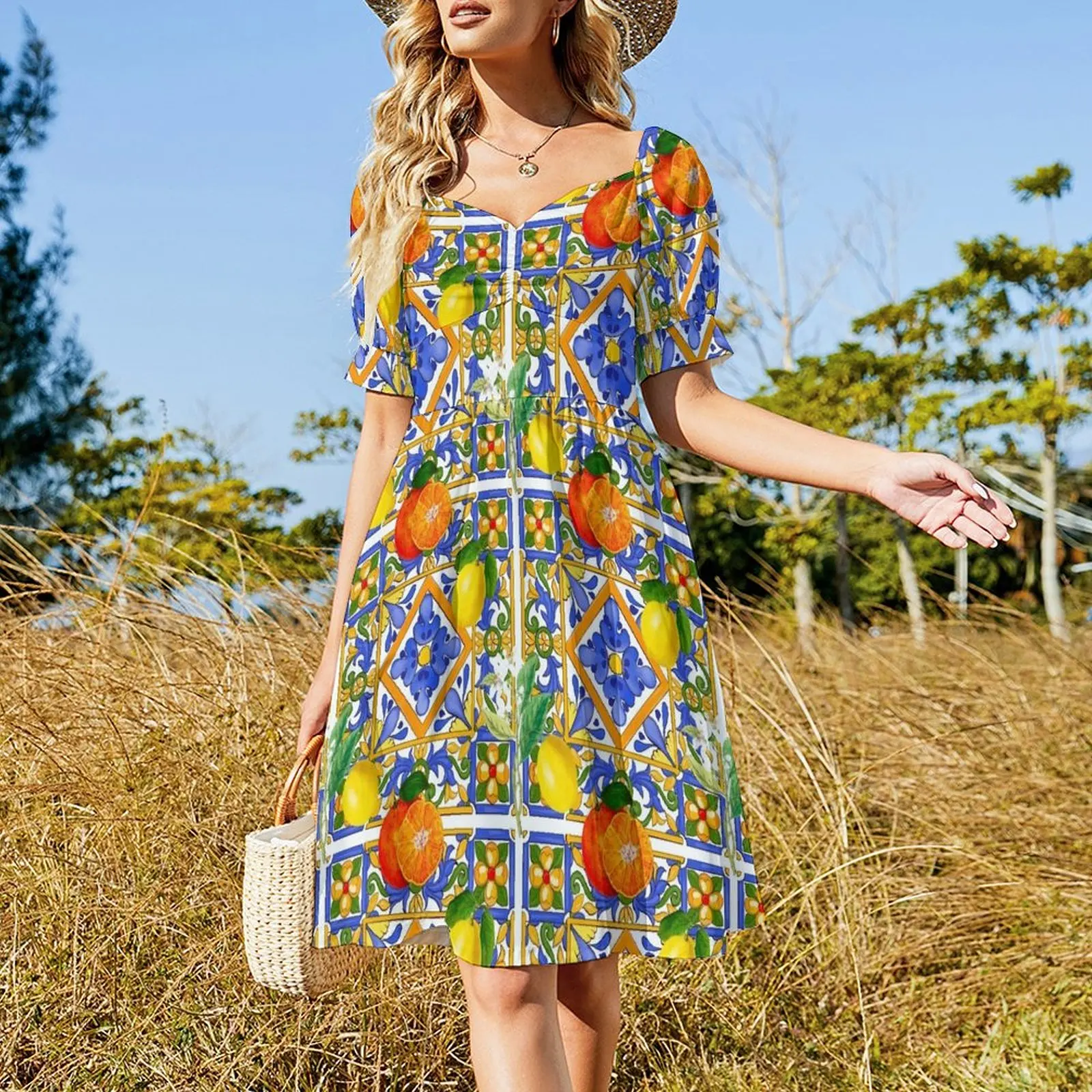 Summer ,Sicilian tiles ,citrus,oranges,majolica,lemons ,Mediterranean Short Sleeved Dress Woman fashion woman dress Dress