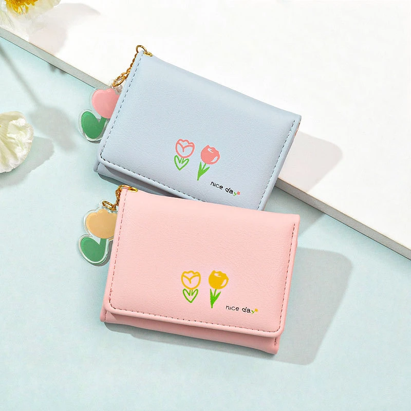 Women's Wallet New Ins Simple Cute Cartoon Student Folding Wallet Tri-Fold Short Large Capacity Ladies Change Card Bag