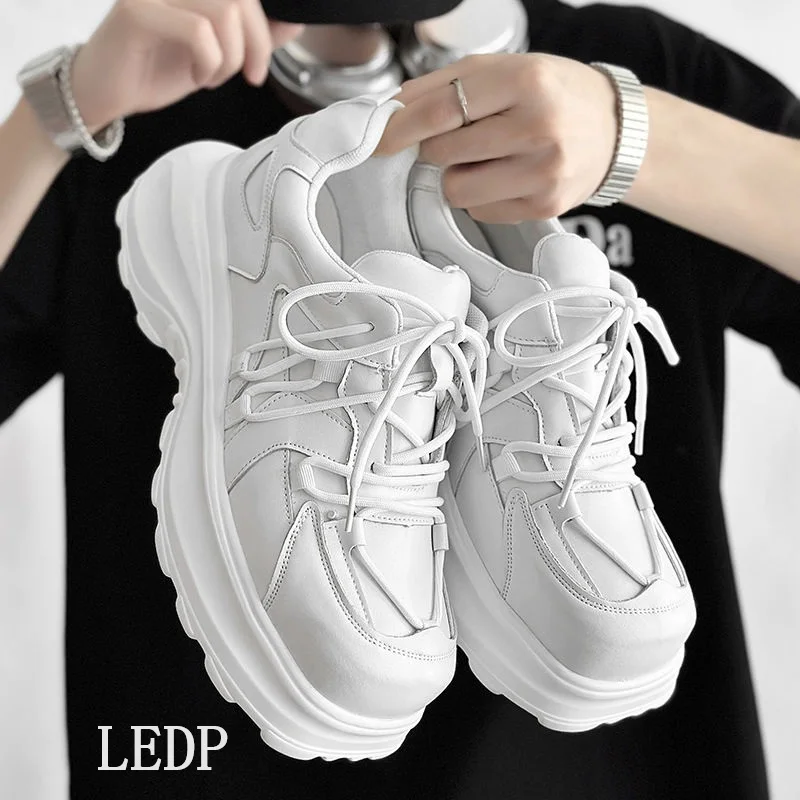 

LEDP Brand Original Design Niche Square Head Derby Men's Thick Soled Daddy Shoes Increase Cross Strap Casual Fashion Shoes