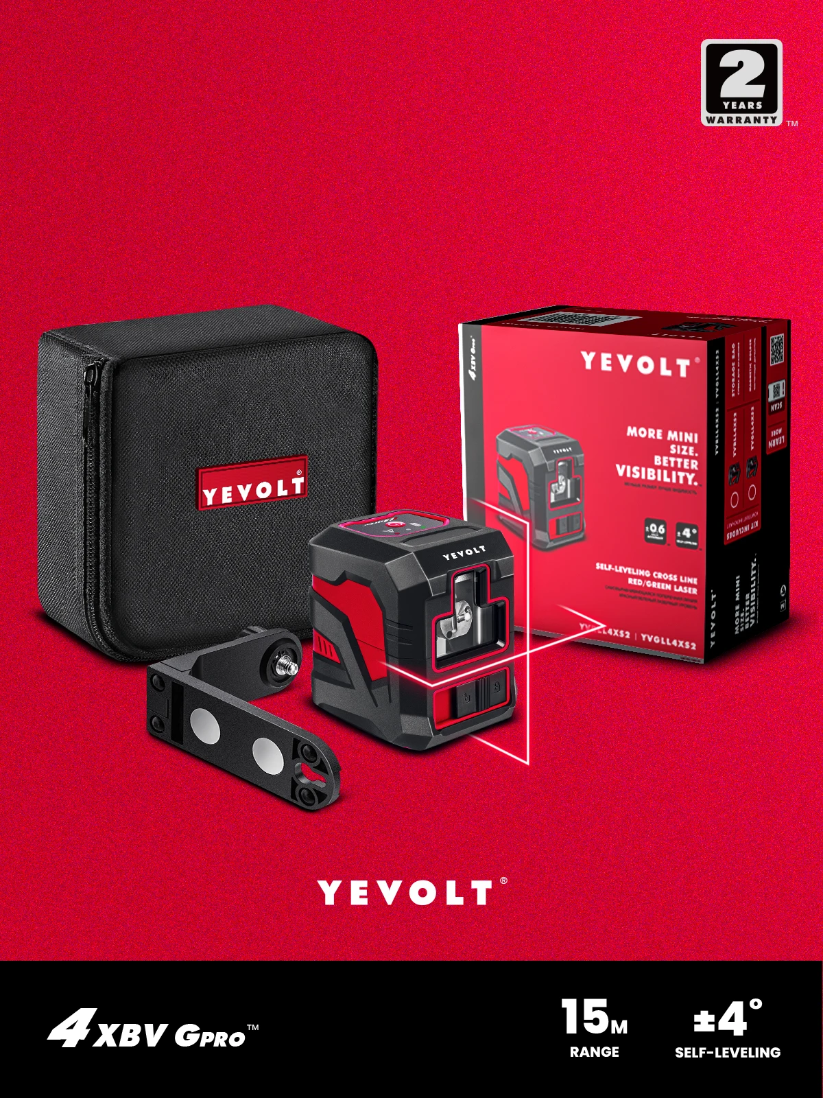 YEVOLT YVRLL4XS2B1 Cross Line Red Laser Level Kit Self-leveling DIY Project 2-Line Efficient Layout and Alignment Measuring Tool