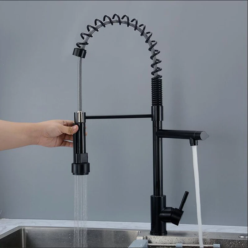 Matte Black Stainless Steel Pull Down Double Water Spring Hot And Cold Kitchen Faucet Sink Faucet