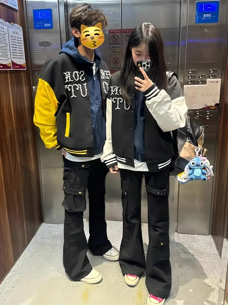 

Black Belted Flared Denim Jeans Men Women Autumn American High Street Vibe Couple Slimming Workwear Pants mid Waist Zipper