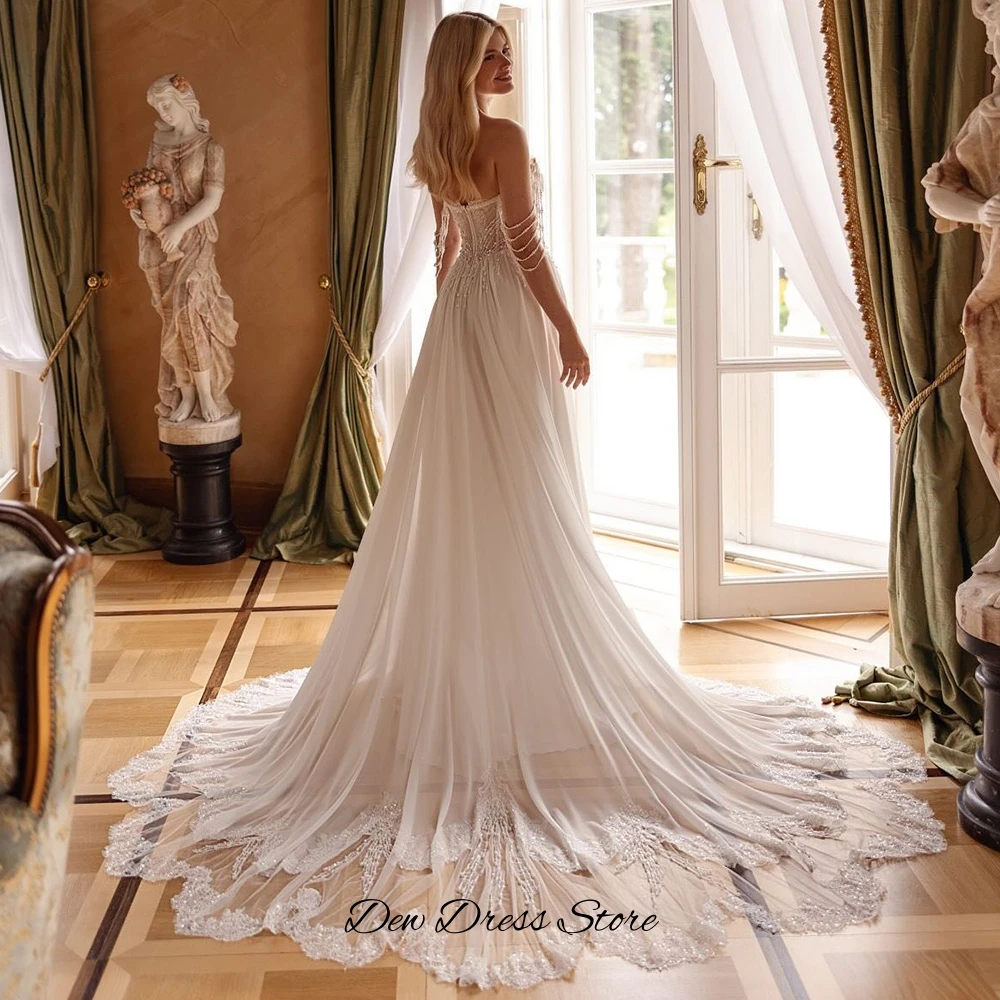 Temperament A-Line Chiffon Wedding Dress Customized Beading and Appliques Bridal Gown Modern Strapless Sleeveless Robe de mariée