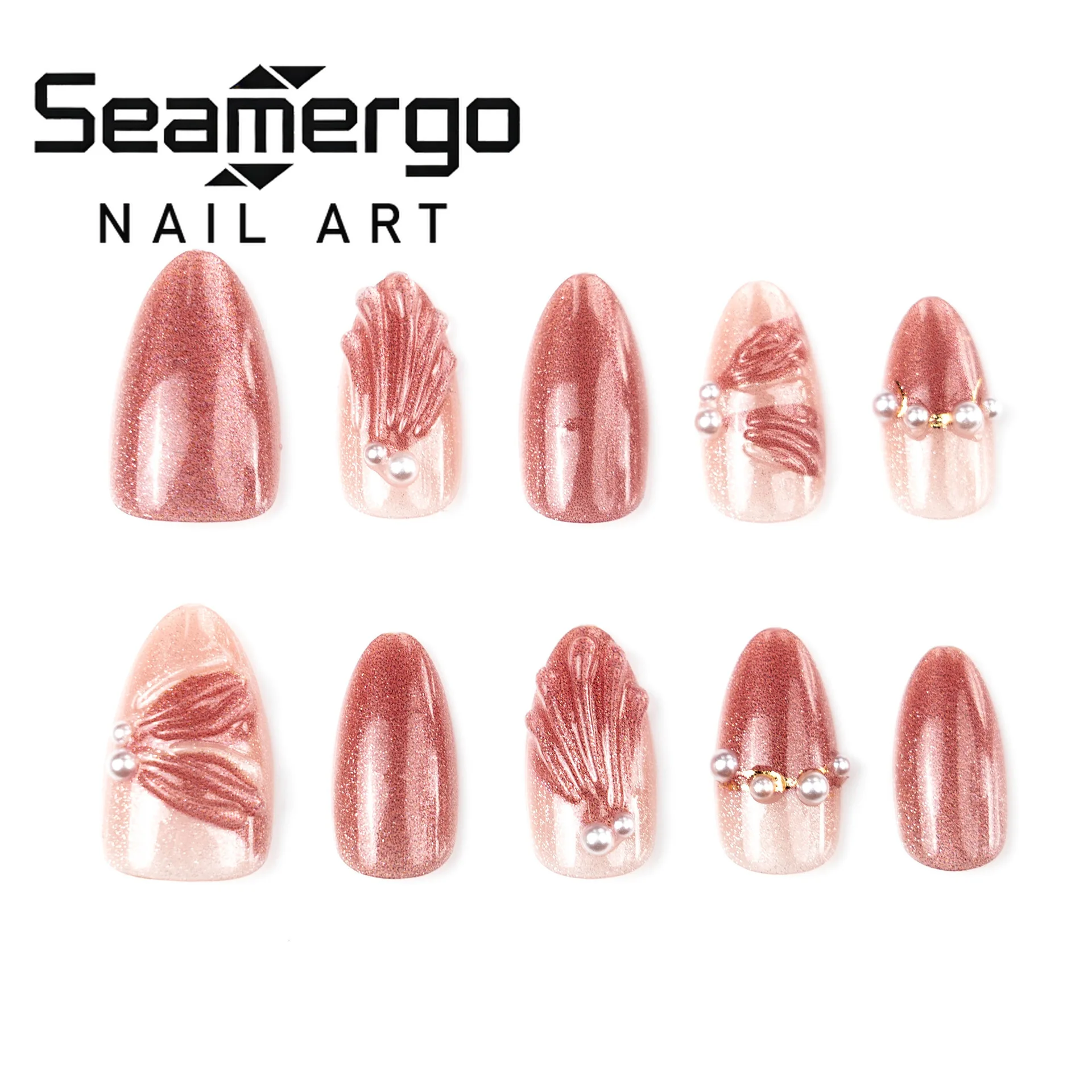 

24 шт. накладных ногтей «Французский кошачий глаз» с золотым покрытием, 3D жемчугом, легким люксом, блеском, бабочками и бантиками, накладные ногти-броня, европейско-американский дизайн для ногтей