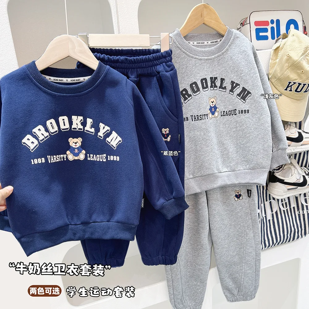 Spring Cotton Clothes Set Children Boy Fashion Cartoon Bear Printed Sweatshirts Pullover Top and Pants 2pcs Suit Casual Outfits