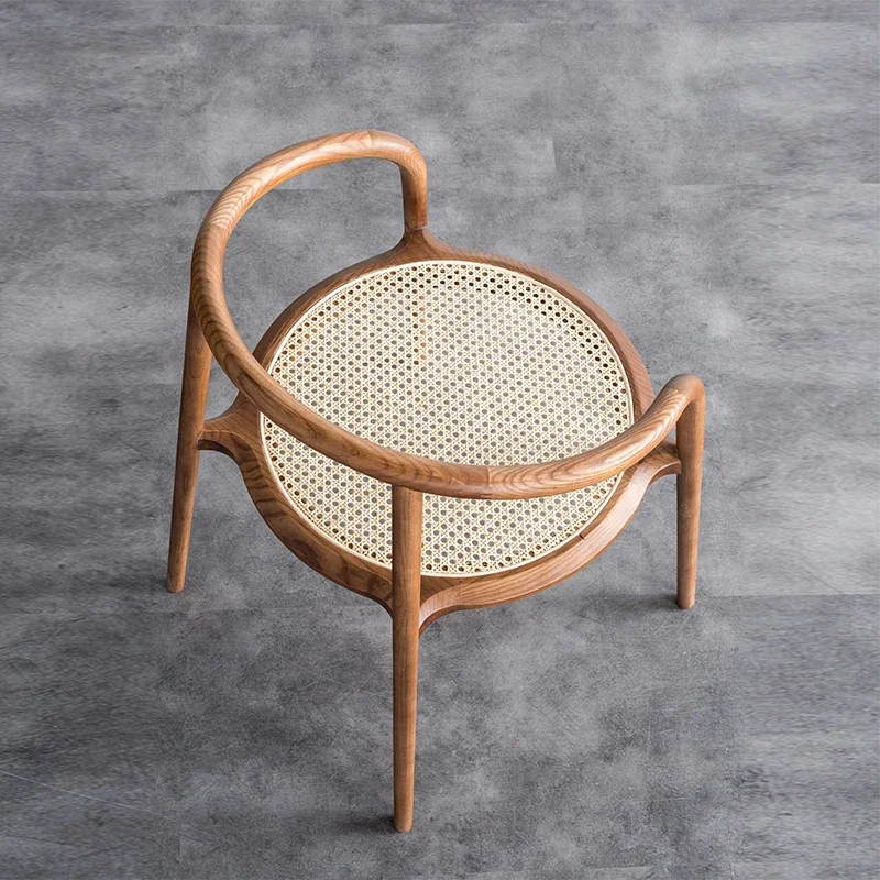 Nordic Solid Wood Balcony Courtyard Study Single Round Chair Armrest Backrest Leisure Chinese Ancient Rattan Woven Chair