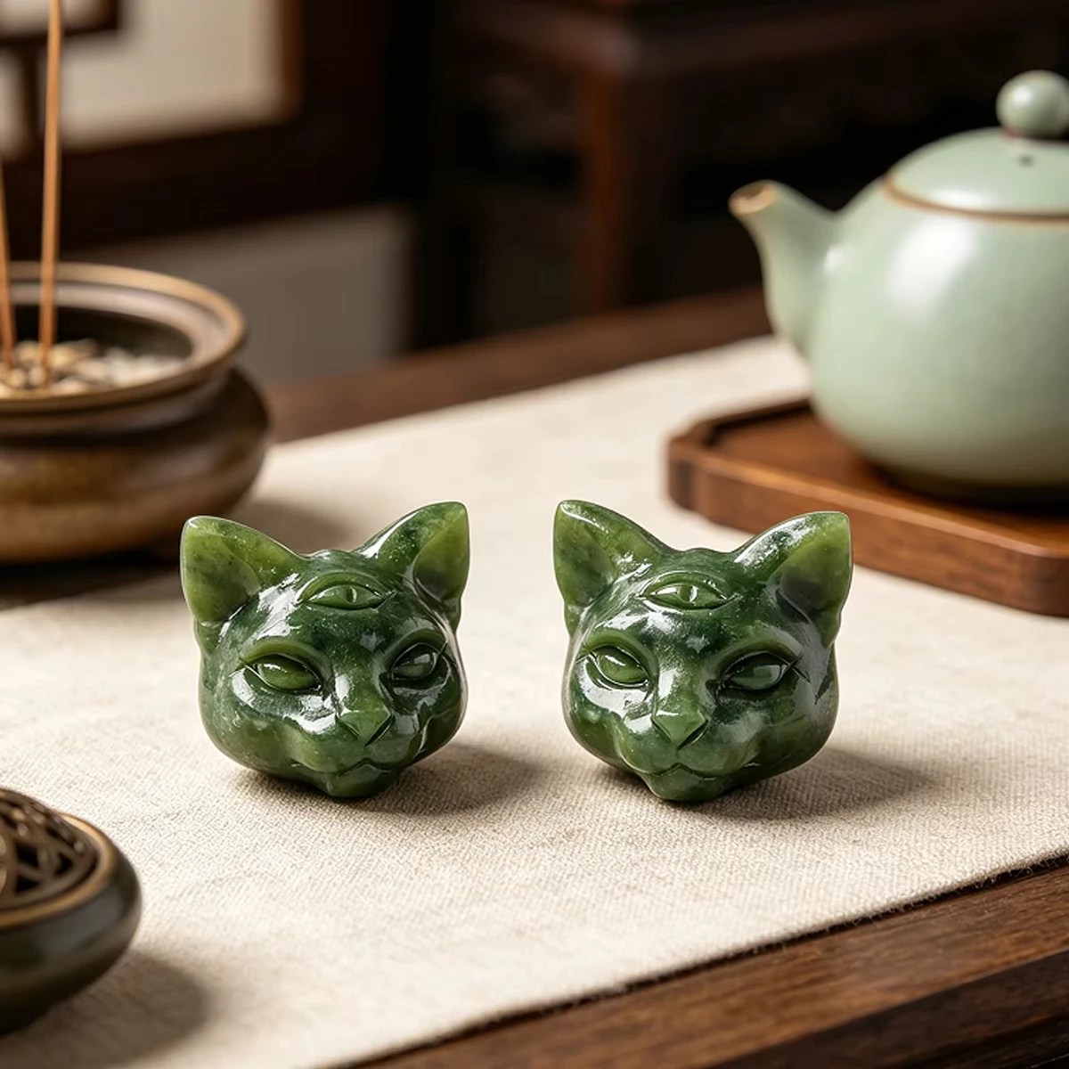 Natural Xiuyan Jade Cat Head Figurine Hand Carved Reiki Healing Crystal Statue Serene Ornament for Home Decor & Spiritual Gift