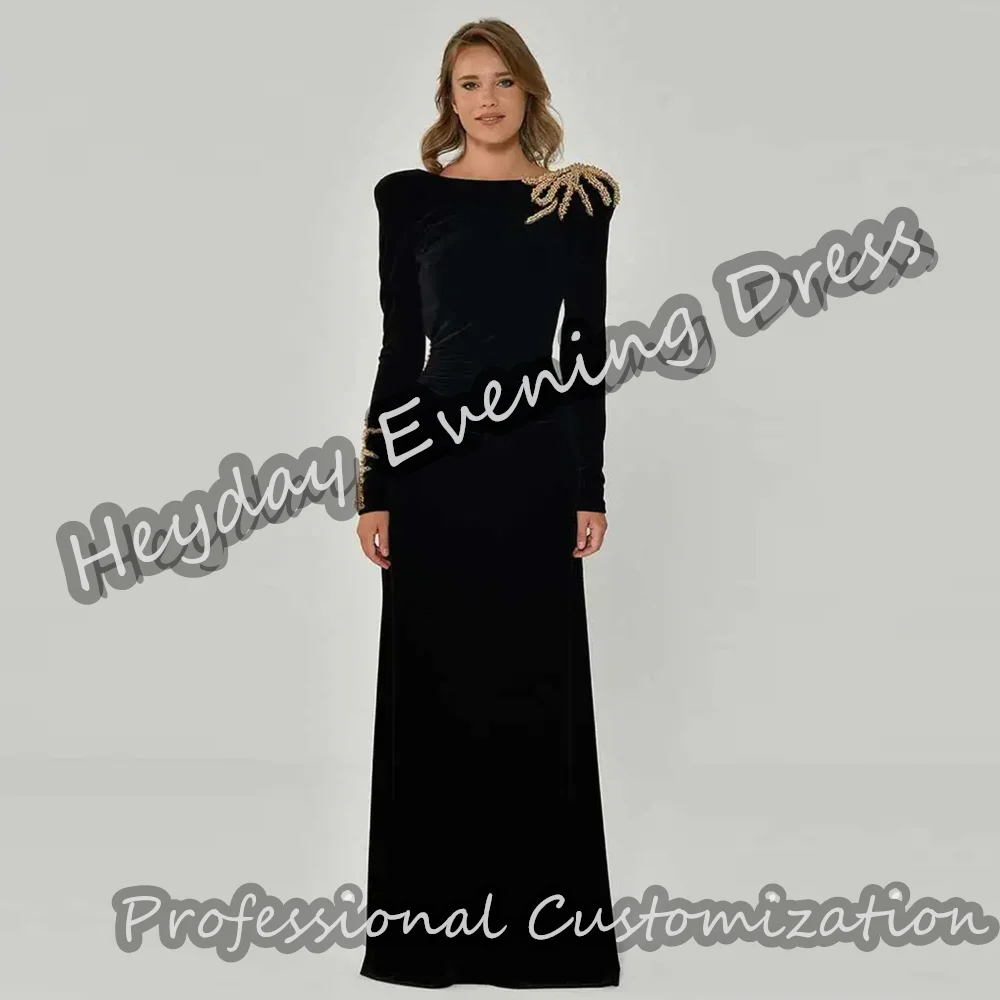 Heyday Scoop Neckline Saudi Arabia Long Sleeves A-Line Prom Gown Velour Floor Length Elegant Evening Party Dress For Women 2024