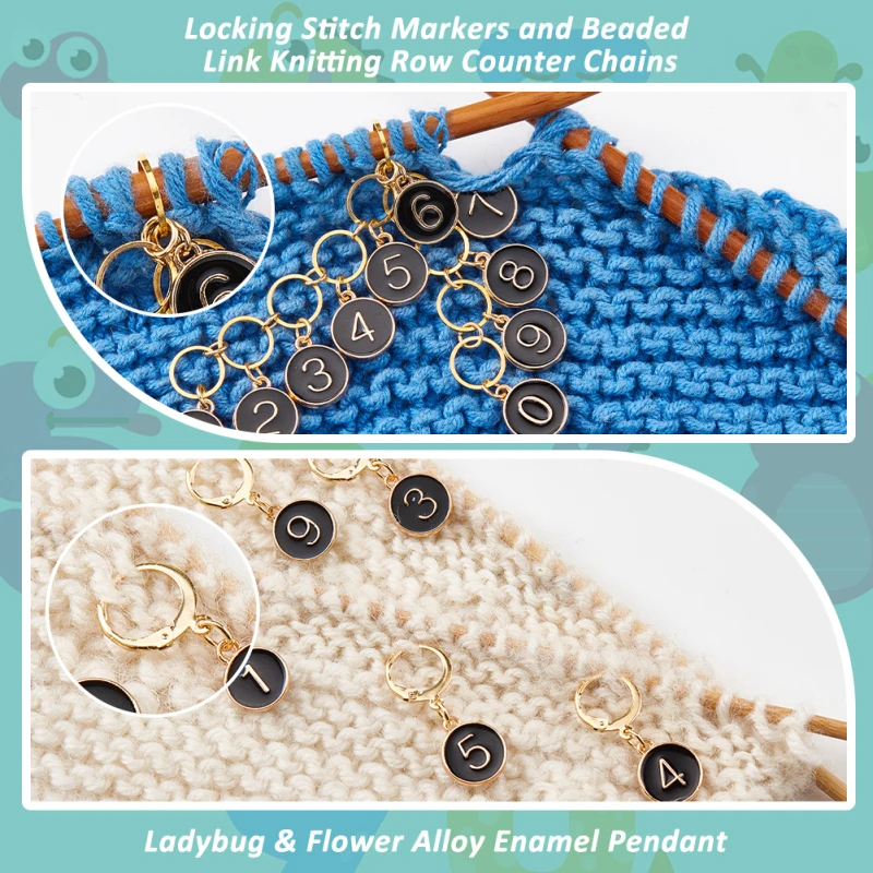 1 Pcs 0-9 Number Knitting Row Counter Chains and 10 Pcs Stitch Markers Alloy Enamel Stitch Marker for Knitting Weaving Sewing
