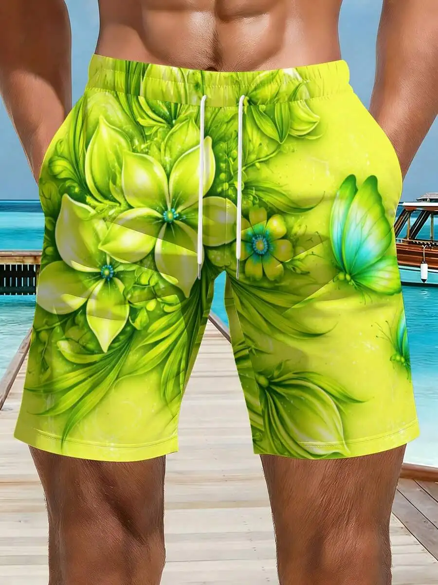 

Mens 3D All-Over Print Beach Shorts Green Floral Butterfly Design Summer Vacation Swim Trunks