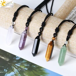 Natural Stone Crystals Necklace Pendant Quartz Hexagonal Bullet Amethysts Black Agates Necklaces Women Men Reiki Jewelry G915