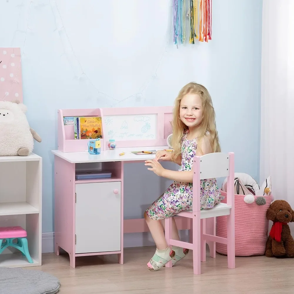 Toddler Desk and Chair Set, Kids Writing Desk Study Table for Children with Whiteboard, Storage Cabinet, Child Furniture