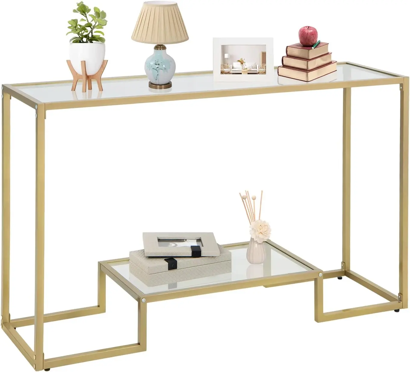 

48\u201D Console Table, 2-Tier Tempered Glass Sofa Table with Bottom & Gold Steel Frame, Modern Rectangular Narrow Entryway