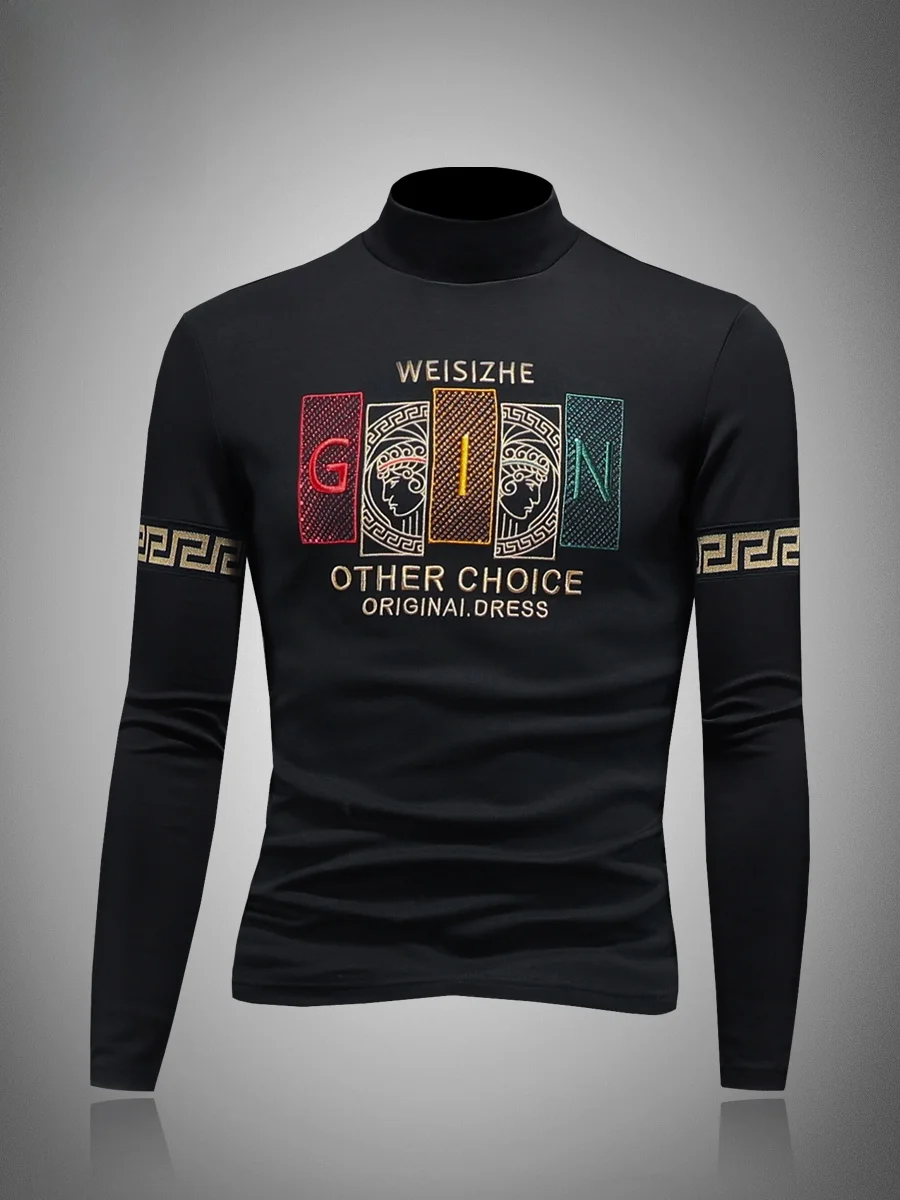 

Мужская футболка с вышивкой и высоким воротником, осенне-зимняя, утепленная, тонкая, с длинным рукавом, модная.