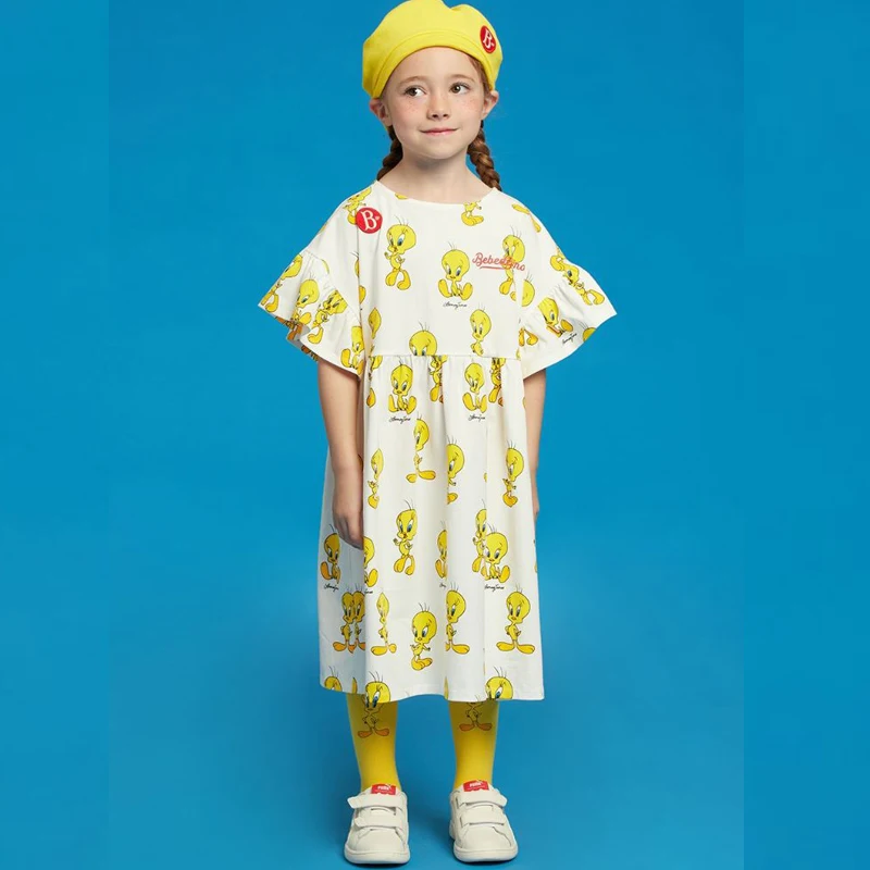 2024 New Spring Summer Girls Printed Casual Dress Kids Solid Color Printed Dress Children's Cute Dress