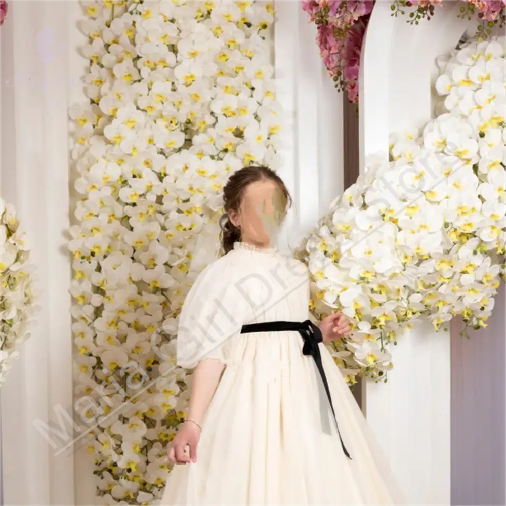 

Элегантное плиссированное платье с цветочным узором для девочек, черный пояс, пышное свадебное платье с короткими рукавами для сестер-подростков, свадебное банкетное платье на заказ