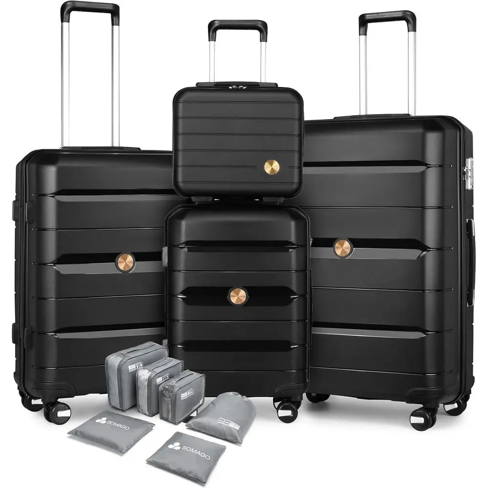 

Lightweight Hard Polypropylene Suitcases with Double Spinner Wheels and TSA Lock, Classic Black Travel Set