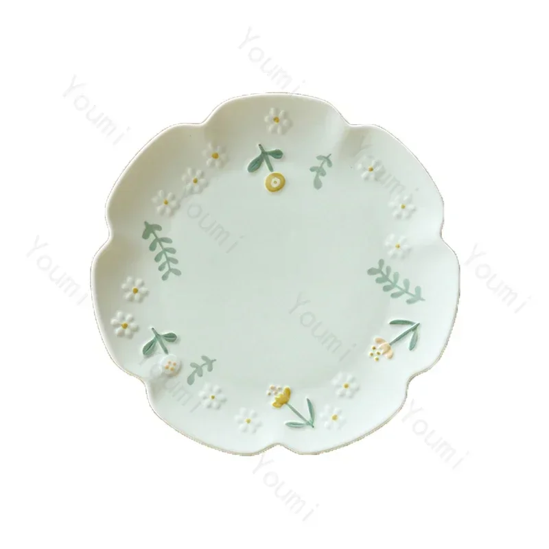 Flowers Relief Ceramic Plates Creative Circular High End Fish Plate Delicious Dishes Dining Plate Exquisite Household Tableware