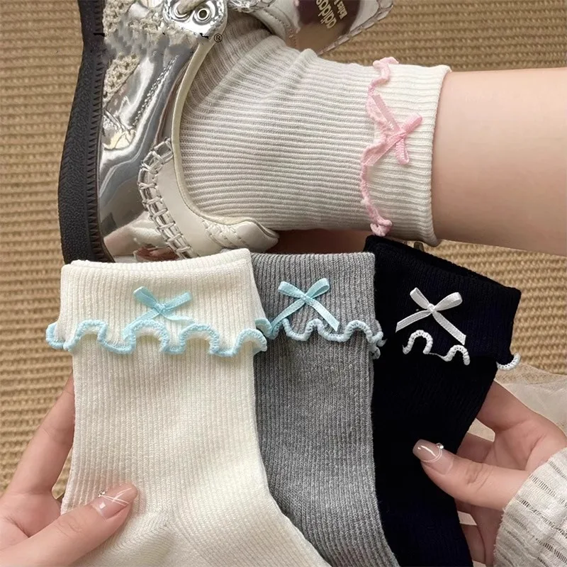 

2025 New Japanese and Korean Style Women's Casual Socks Summer Cotton Thin Sweet Bow Lettuce Edge Round Neck Socks