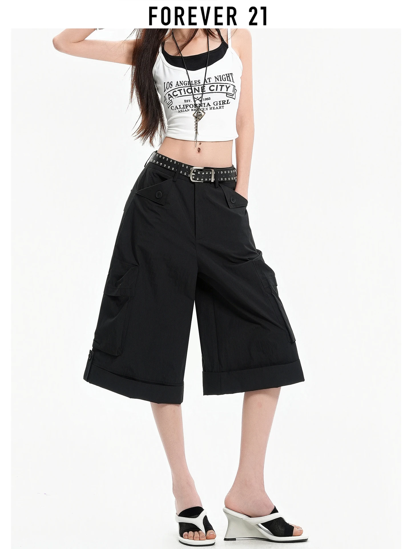 Calças Casuais Pretas de Cintura Alta Forever 21 para Mulheres, Modelo Miniatura, Corte Solto, Perna Reta, Estilosas e que Emagrecem, Calças de Sete Oitavos