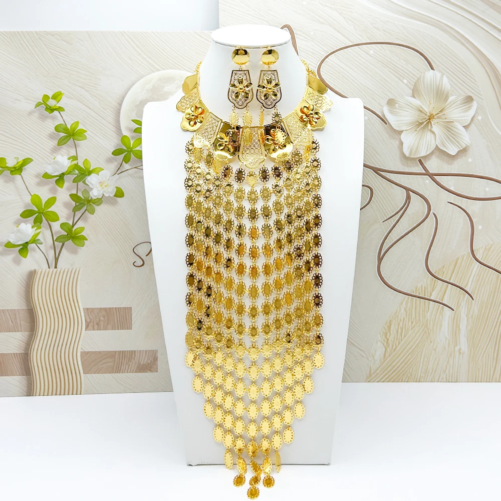 Luxury Jewelry Long Necklace Drop Earring Middle East Dubai Jewelry Necklace Gold Color Earring Women Tassel Necklace Wedding