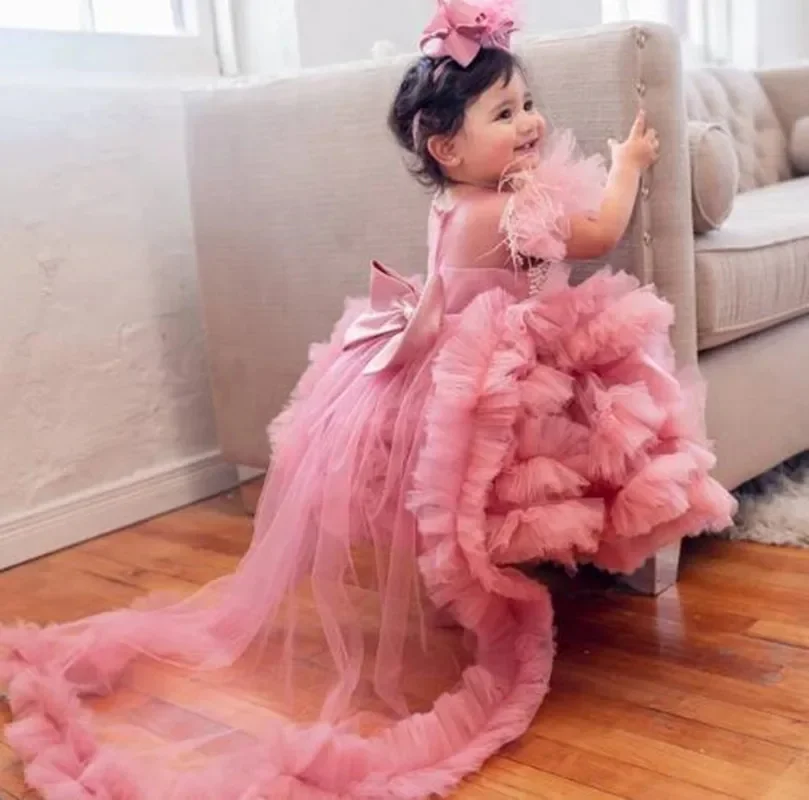 Pink Flower Girl Dress Tulle Pearls Puffy Single Shoulder Baby Girl Party Gown Fairy Kids Dance Dress First Communion Dress