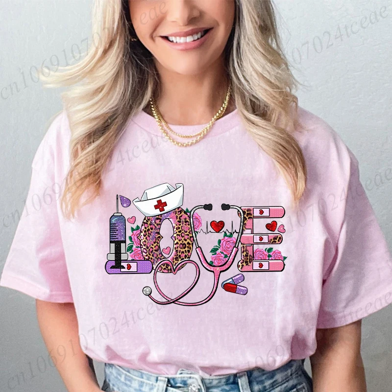 

New Women T Shirt Pullover Valentines Day Love Nurse Print T-Shirt Casual Short Sleeve Women T-Shirt Nurse Tees Gifts