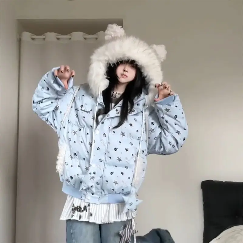 الفرنسية الشتاء مقنعين فو الفراء طوق معطف المرأة تنوعا سترة فضفاضة Kawaii الجرونج Harajuku ثقافة فرعية موضة المعاطف الدافئة #1