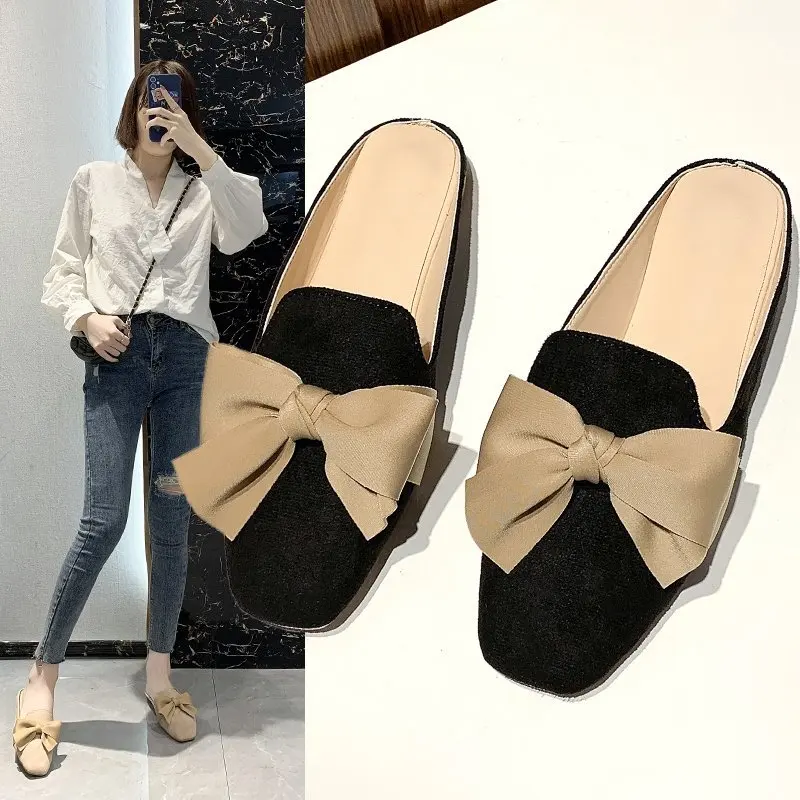 Slippers female spring and autumn women's shoes new Korean version square head baotou half drag women's bow flat sandals female