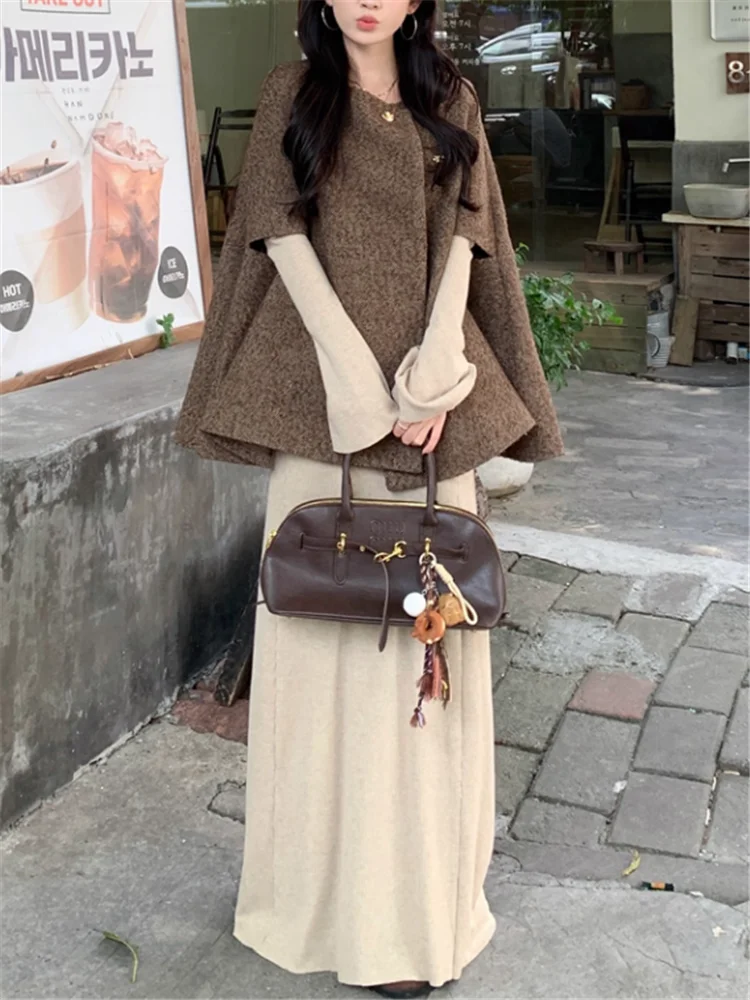 

Korean Chic New Fall Winter 2 Pieces Suits Elegant Knitted V Neck Slim Bottoming Dress&Half Batwing Sleeve Cloak Coat 2pc Sets