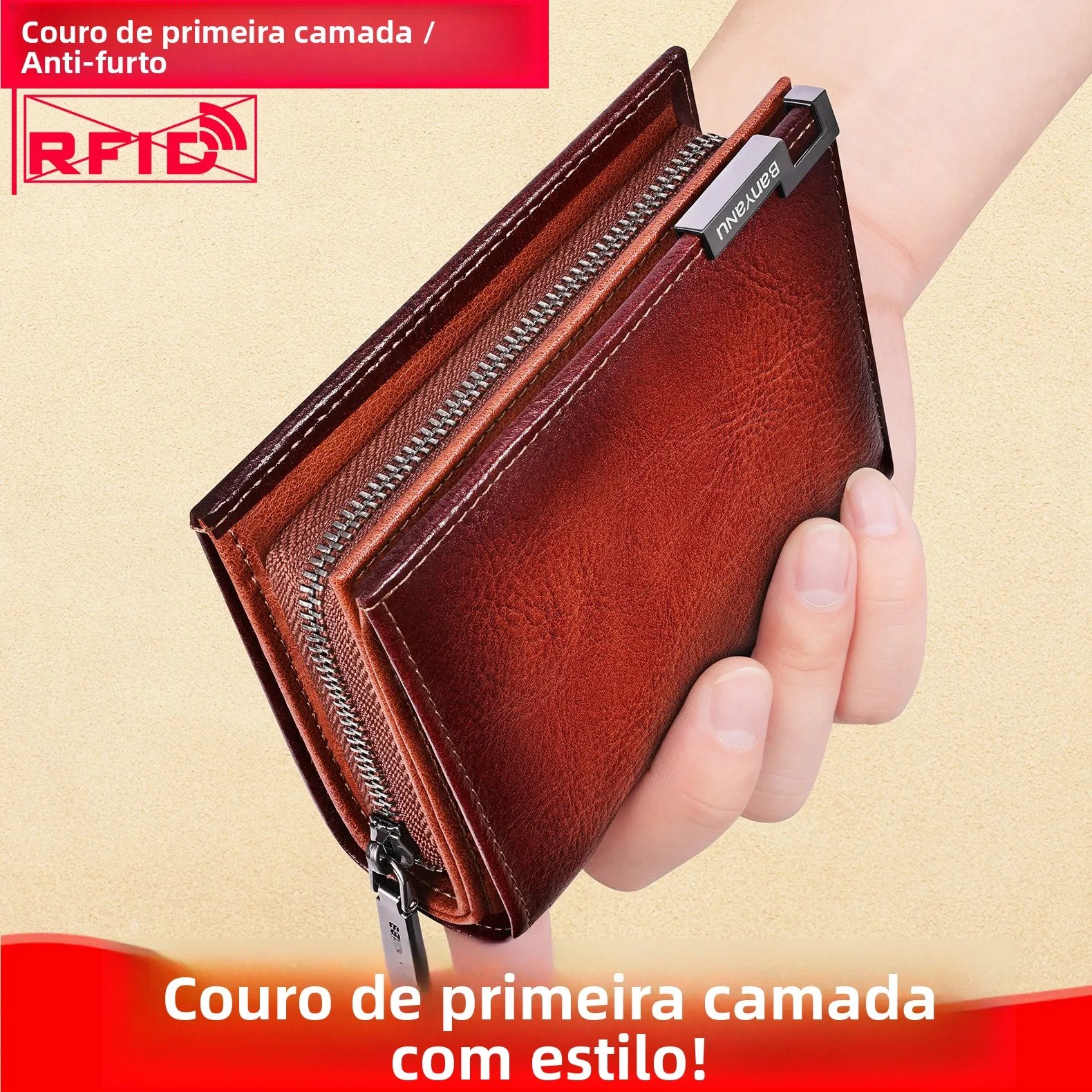 vintage-top-layer-cowhide-leather-wallet-men's-short-large-capacity-multi-card-slot-wallet-retro-style-zipper-closure-wallet