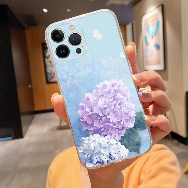 Hydrangea Flower Painting Phone Case For iphone 16 15 14 Pro Max 16 15 14 13 12 11 Pro 16 15 14 Plus Shell