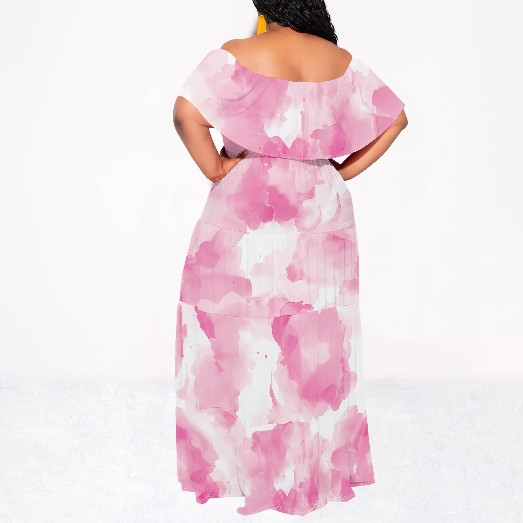 EQQZD Boho Chic Off-Shoulder Maxi Dress with Shawl, Elegant Tie-Dye Print Flowy Floor-Length Dress​