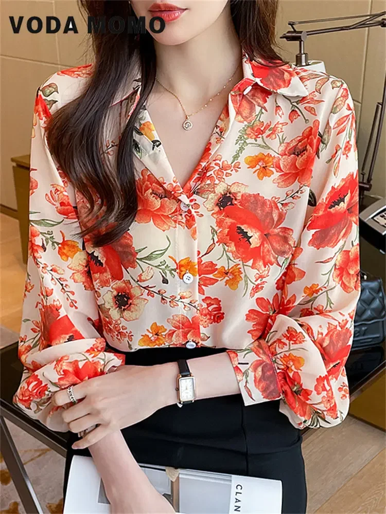 

Новая весенняя корейская модная повседневная шифоновая рубашка в стиле Харадзюку, топ с длинными рукавами и фрагментарным цветком, элегантный Advanced Sense, нежный ветер