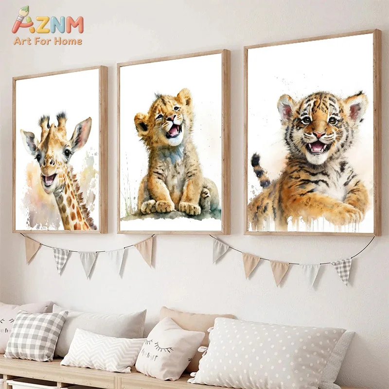 AZNM Watercolor Baby Safari Animals Canvas Wall Art, Cute Giraffe Lion Tiger Cub Print, Frameless Nursery Jungle Animal Illustra