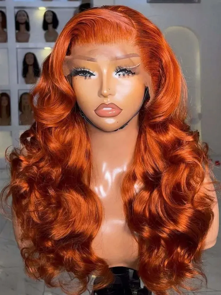 

30-34-дюймовые парики из натуральных волос с эффектом Body Wave, 13x4 HD Lace Frontal, имбирно-оранжевые, влажные и волнистые, для женщин