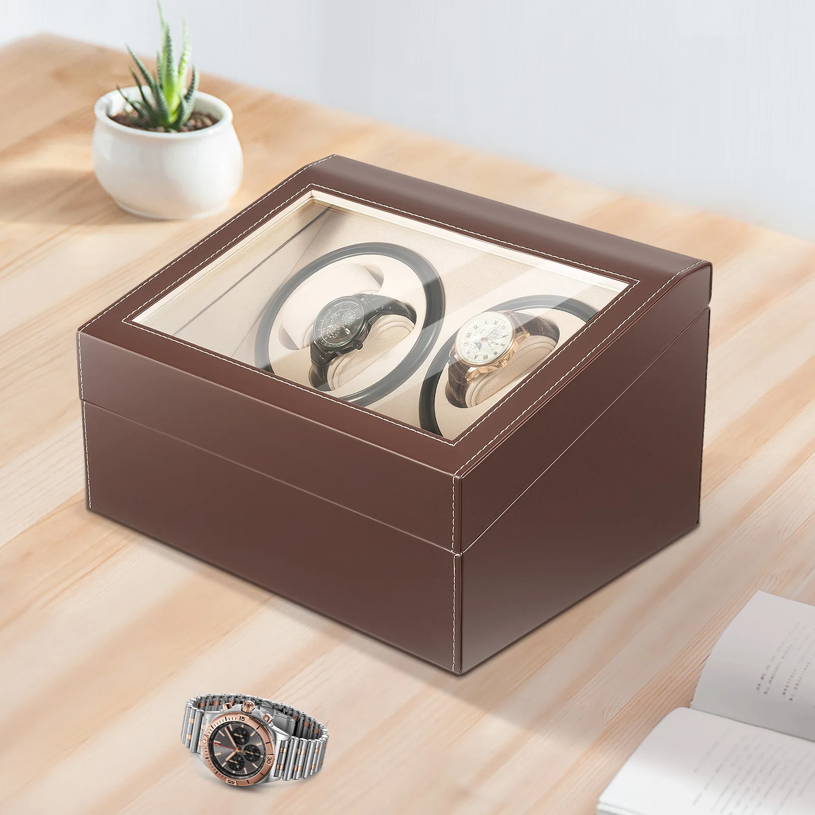 4 + 6 بني/أسود ملفاف ساعة دوران تلقائي تخزين جلدي ساعة عرض صندوق حامل لعرض المتجر ، ديكور المنزل #3