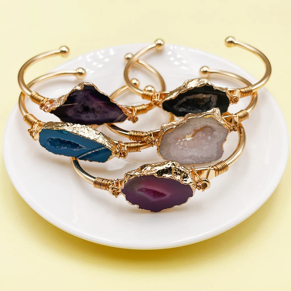 Irregular Geode Druzy Agate Slices Bangle for Women Girls Handmade Boho Wire Wrapped Adjustable Cuff Bracelets Party Gift