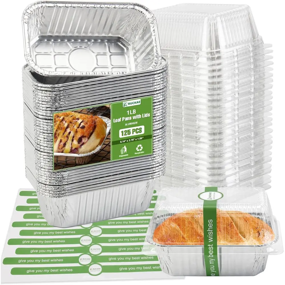 

6 x 3.5 x 1.8 Silver Aluminum Mini Loaf Pans with Lids, 125 Pack + Stickers, Ideal for Parties and Gifts